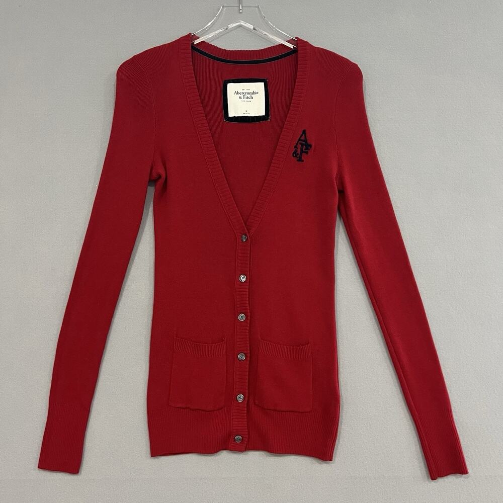 Abercrombie & Fitch Cardigan Sweater Size Medium Red Button Up Logo Y2K